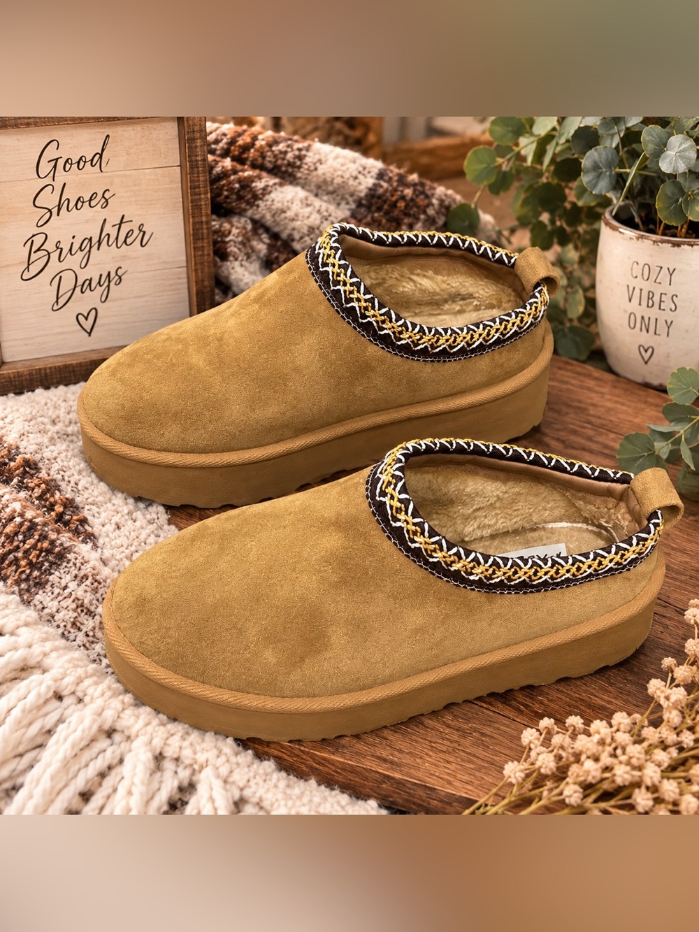 Pazzle Moon Camel Faux Suede Platform Slippers Aztec Boho Western Clogs